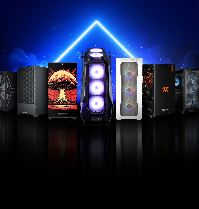 A lineup of Chillblast branded gaming PC cases lit against a dark blue background